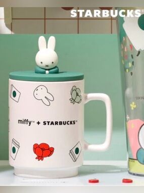 Starbucks White Ceramic Miffy Mug with Teal Lid and Bunny Topper